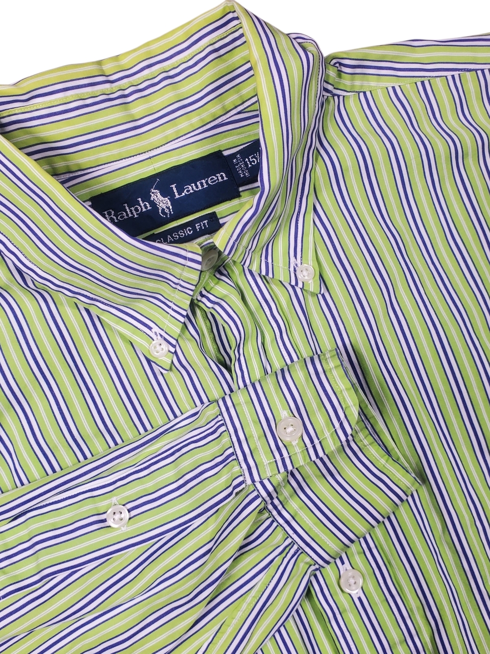 Ralph Lauren Classic Fit Button Down Shirt Mens 15.5 Green Blue Stripe Pony Logo